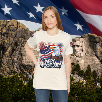 Happy 4th of July,  Print Design, Unisex T-Shirt, Patriotic Print Design, Independence Day Shirt, Red White Blue Shirt, USA Tee Gift, Gift For Her, Gift For Him, American Flag, Bald Eagle