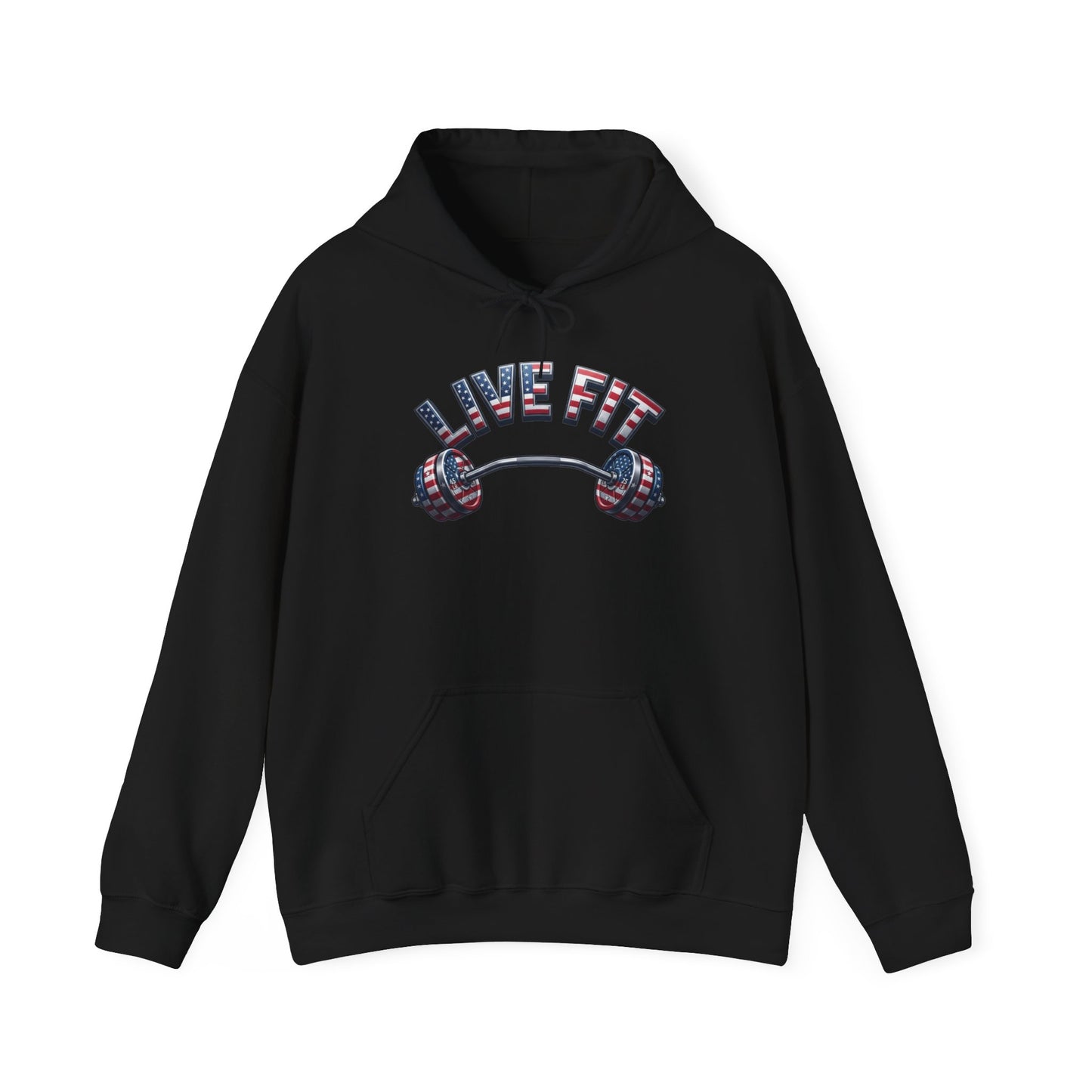 LIVE FIT American Flag Barbell Hoodie | Patriotic Gym Sweatshirt – LIVE FIT