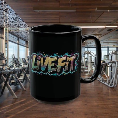 Fitness Motivational Mug - Live Fit Coffee Cup - Workout Gift -  Gym Drink-ware -  Black Mug for Fitness Enthusiasts - Christmas Gift