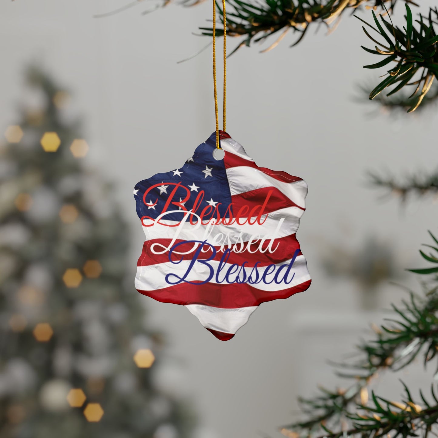 Patriotic Ceramic Ornaments - Blessed Design - American Flag Backdrop - Red White & Blue Blessed Print Design - (Multi-Pack) Options (1, 3, 5, or 10 pieces)