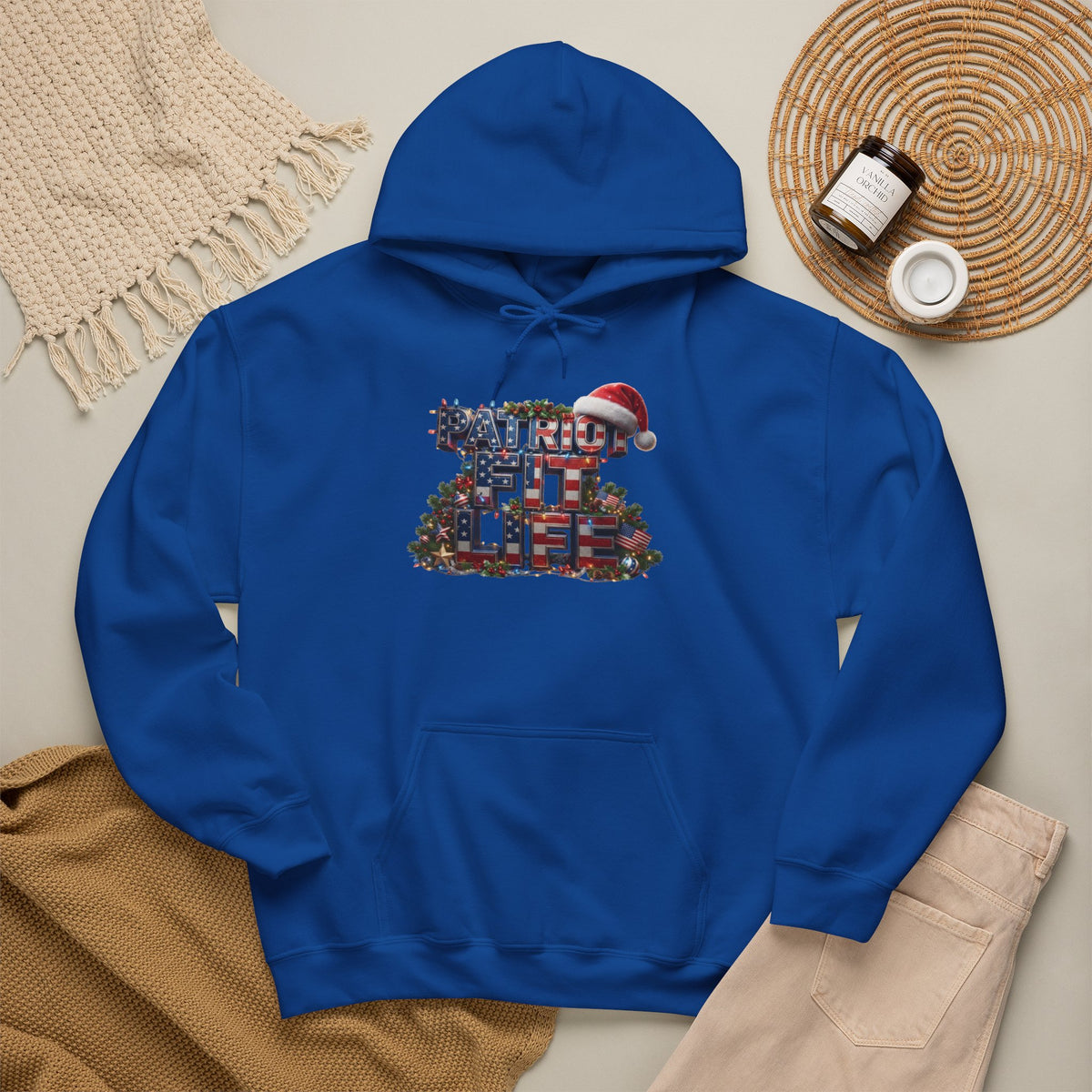 Patriot Fit Life Christmas Hoodie - Three-Line Flag & Garland Design | Unisex S-5XL