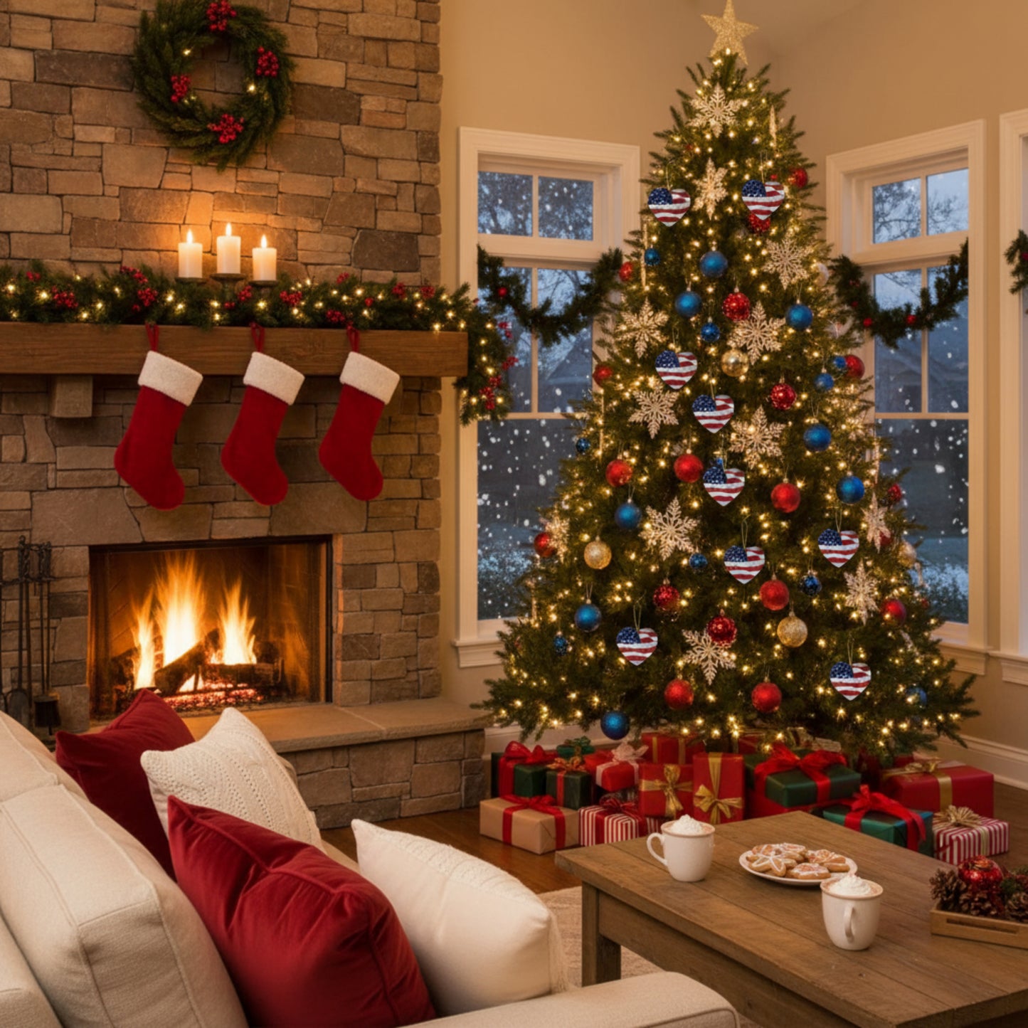 Ceramic Ornaments - White Blessed Print - American Flag Backdrop - Red White & Blue Design (1-10pcs)