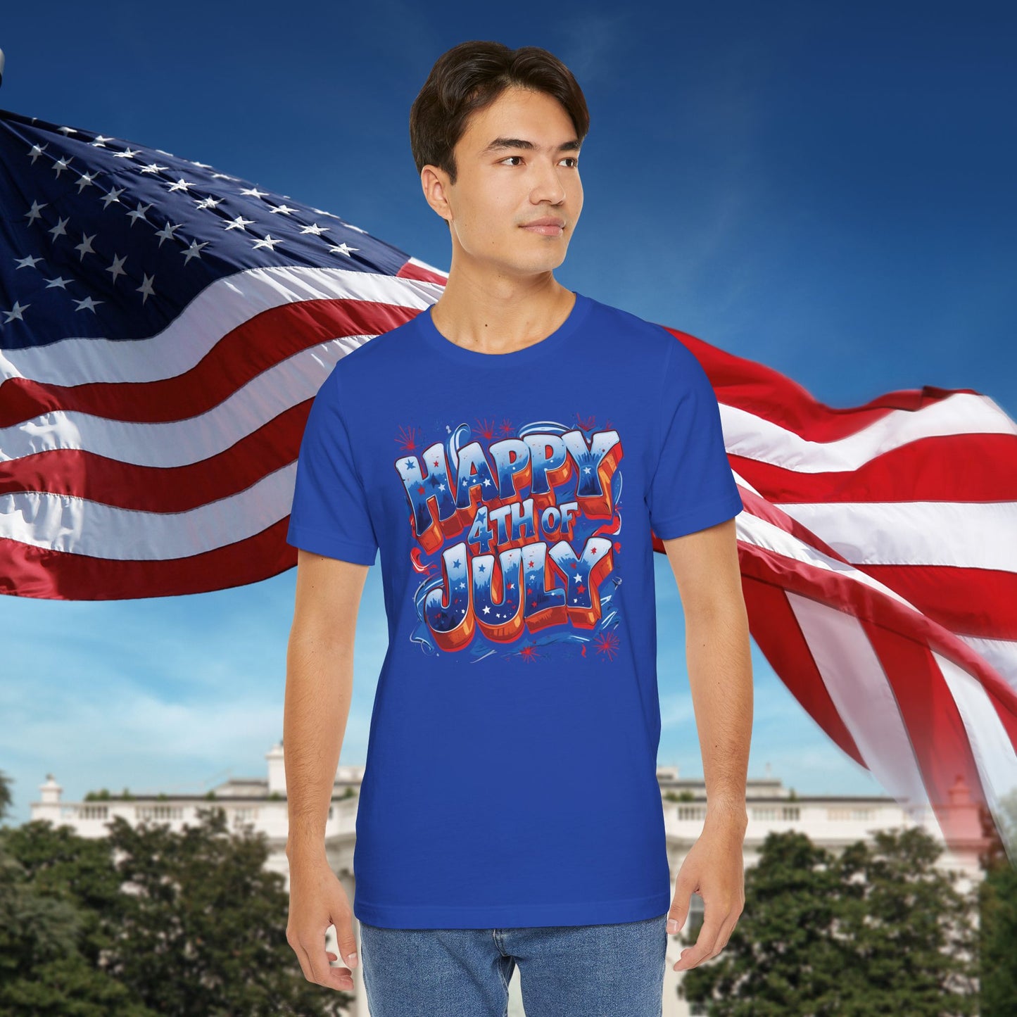 Happy 4th Of July, Print Design T-Shirt, Independence Day, American Flag, Bald Eagle, Red White Blue