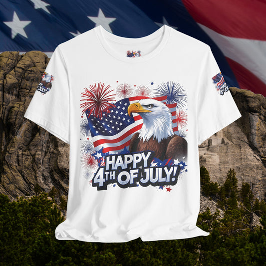 Happy 4th of July,  Print Design, Unisex T-Shirt, Patriotic Print Design, Independence Day Shirt, Red White Blue Shirt, USA Tee Gift, Gift For Her, Gift For Him, American Flag, Bald Eagle