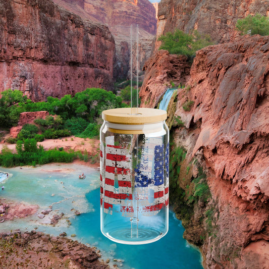 💥 USA Pride 💥 16 oz 💥 Clear 💥 Tempered 💥 Sipper Glass 💥Gasket-Push Bamboo Lid 💥