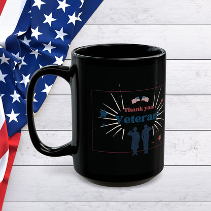 Veteran Appreciation Black Mug — "We appreciate your valiant service to the country" Patriotic Flag Coffee Cup (11oz/15oz)