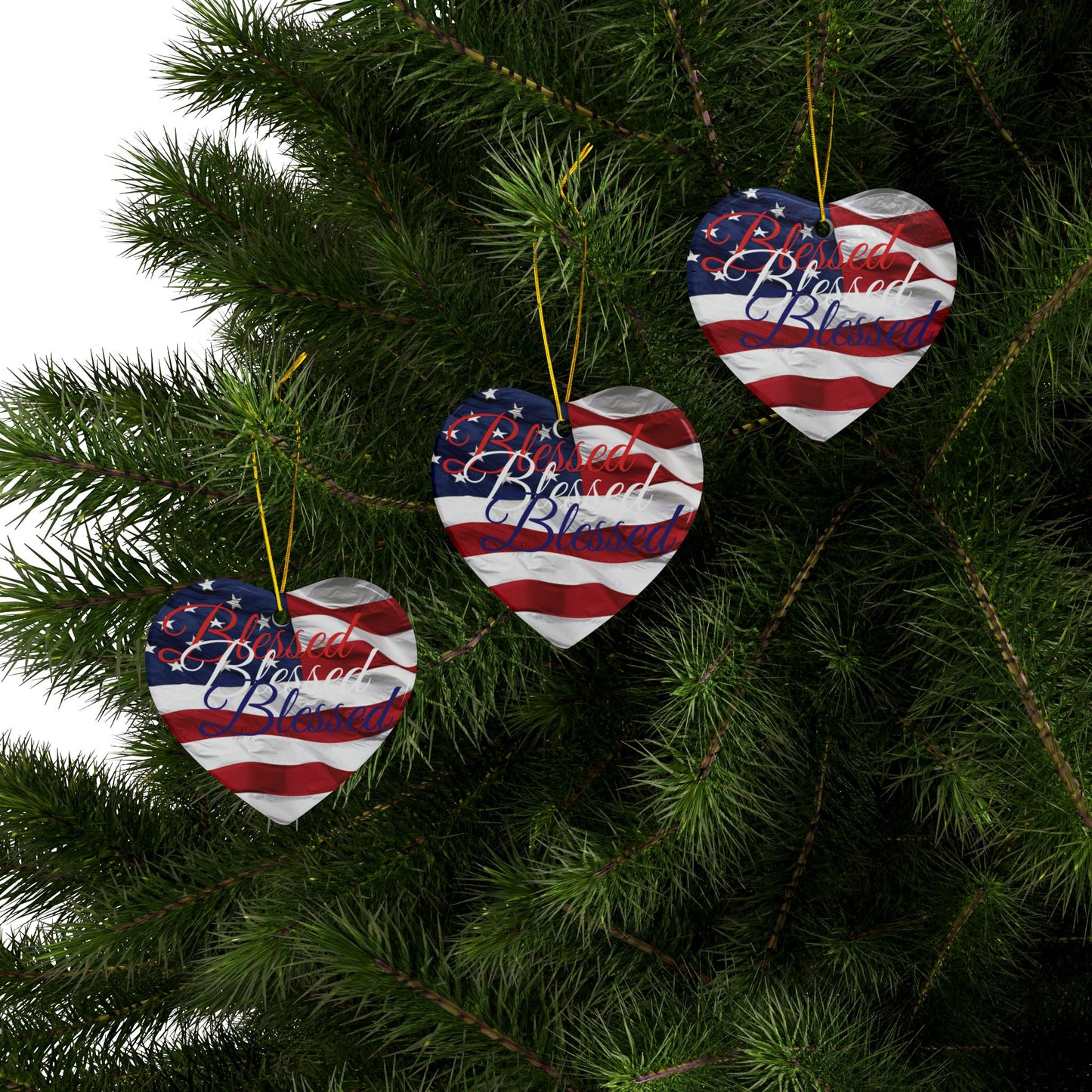 Patriotic Ceramic Ornaments - Blessed Design - American Flag Backdrop - Red White & Blue Blessed Print Design - (Multi-Pack) Options (1, 3, 5, or 10 pieces)