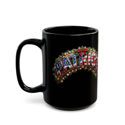 Patriot Holiday Mug — Festive American Flag Lettering on Glossy Black Ceramic Coffee Mug