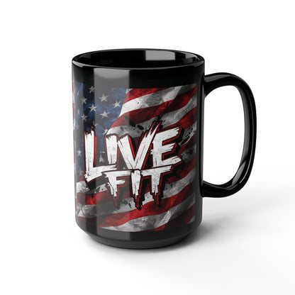 Stylish Black Ceramic Mug - LIVE FIT Design - American Flag Backdrop - Red White Blue