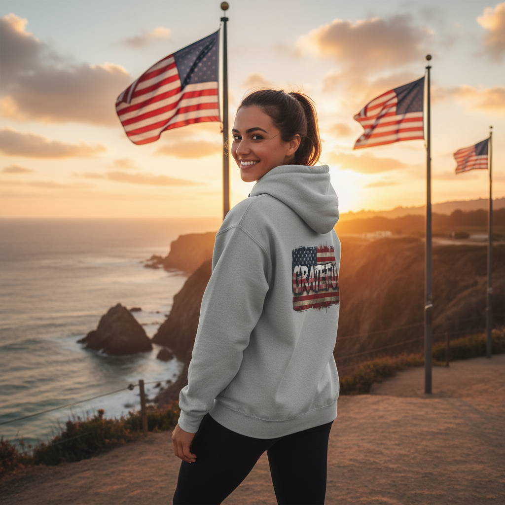 Champion Hoodie - Grateful Vintage American Flag Design - Red White Blue Backdrop - S - 3XL