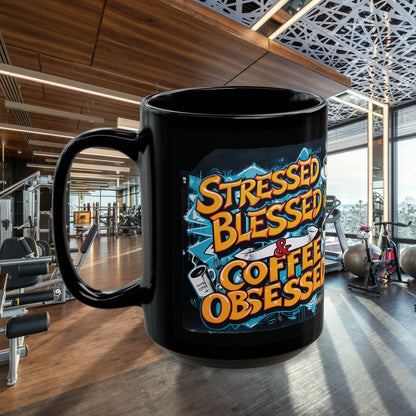 Stressed Blessed & Coffee Obsessed Print,  11 oz. Insulated Travel Mug, Motivational Mug, Gift for Coffee Lovers, Fitness Mug, Inspirational Drinkware