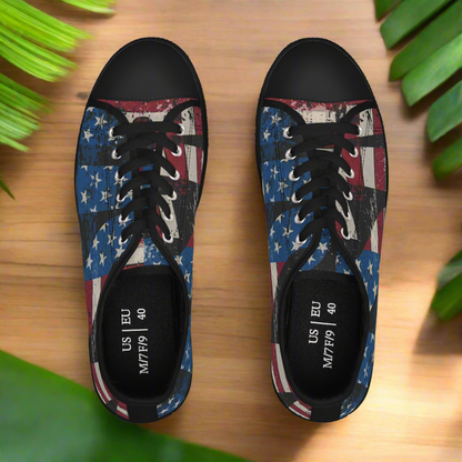 Eye-Catching - All Over Print - USA - Red White & Blue - Low Top Sneakers - Choice of White Sole - or Black Sole