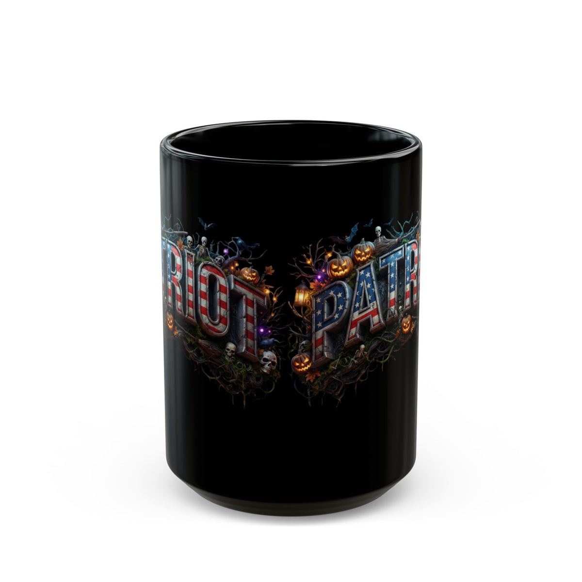 Patriot Halloween Black Coffee Mug - Skeleton Pumpkin Panoramic Flag Graphic | Spooky Edition | 11oz & 15oz