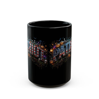 Patriot Halloween Black Coffee Mug - Skeleton Pumpkin Panoramic Flag Graphic | Spooky Edition | 11oz & 15oz
