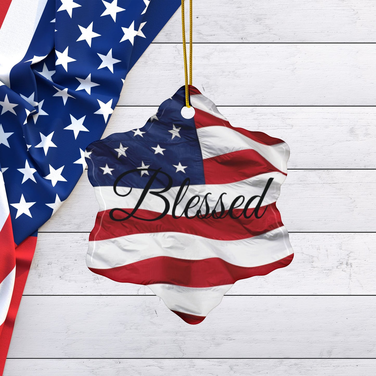 Ceramic Ornaments - Patriotic - Blessed Print - American Flag Backdrop - Red White & Blue