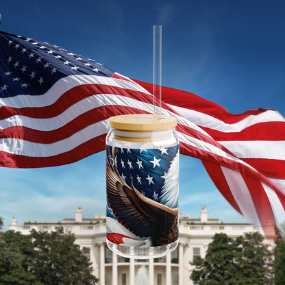 Patriotic American Eagle Sipper Glass - 16oz with Bamboo Lid & Straw - USA Gift