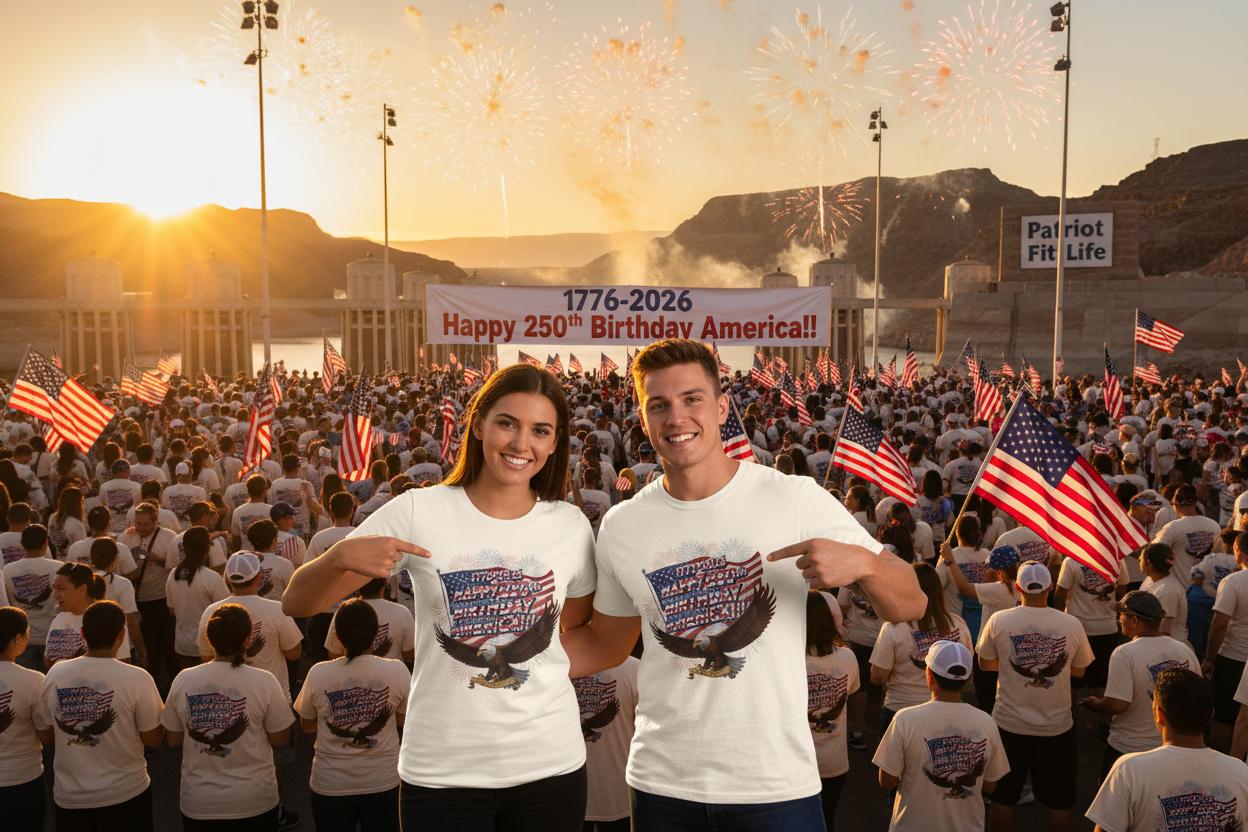 Two people in white t-shirts that say 1776-2026 Happy 250th Birthday America!!! with an eagle design standing in front of a large crowd celebrating America's 250th birthday.