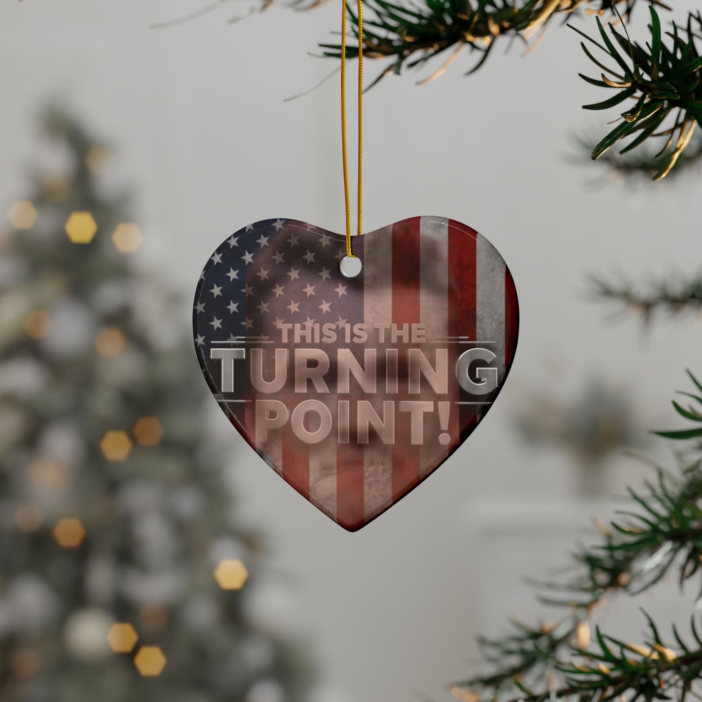 Patriotic Ceramic Ornaments - Charlie Kirk Inspired - This Is The Turning Point! - American Flag Backdrop