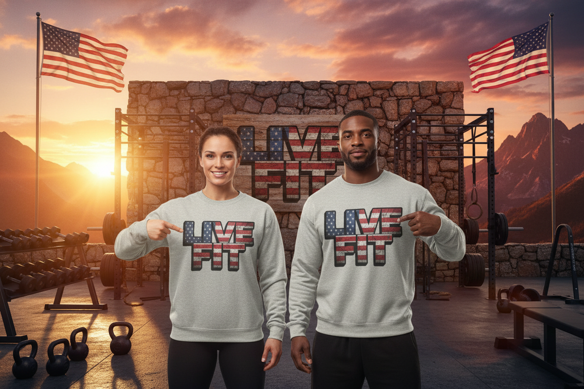 Patriotic Fitness Sweatshirt - American Flag LIVE FIT Design - Red White Blue Crewneck - Unisex S-3XL