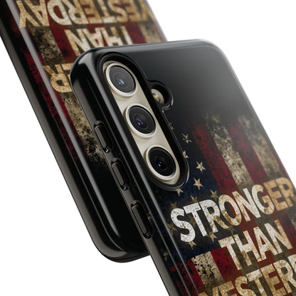 Patriotic Phone Case - Stronger Than Yesterday Print - Against a Vintage American Flag Background - Gift for Veterans, Motivational Quote, USA Pride, Independence Day