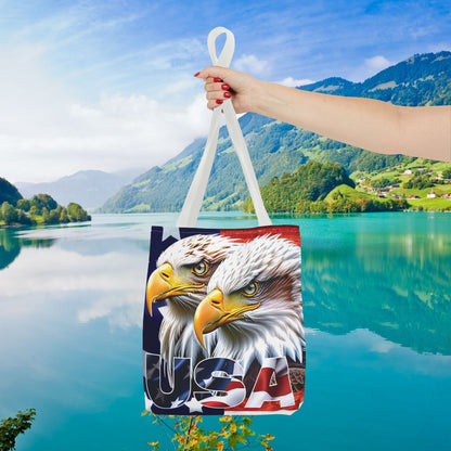 🇺🇸 Patriotic 🇺🇸 USA 🇺🇸 Bald Eagles 🇺🇸 Tote Bag 🇺🇸 All Over Print 🇺🇸 American Flag Design 🇺🇸 Five Different Handle Colors 🇺🇸 Red 🇺🇸 Navy 🇺🇸 Black 🇺🇸 Beige 🇺🇸 White
