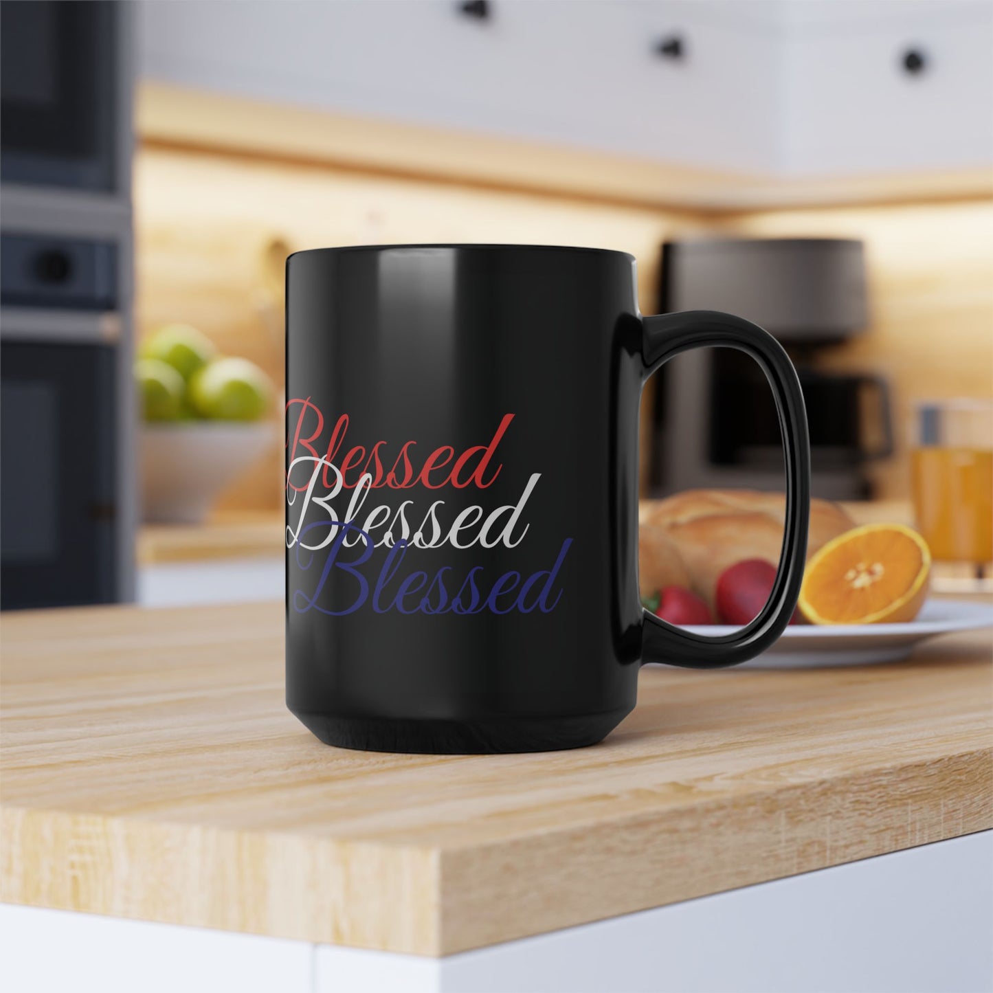 Ceramic Black Mug -  11oz - 15oz - Blessed Red White & Blue Print - American Flag Colors - Ideal for Veterans Day and Independence Day