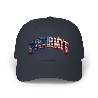 A navy blue baseball cap featuring the word 'PATRIOT' across the front in an American flag pattern with red and white stripes and white stars on a navy blue background.