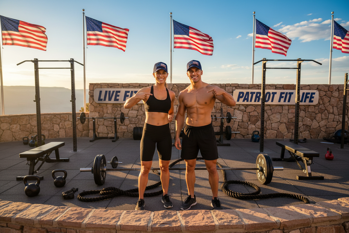 A shirtless man and a woman stand together on an outdoor fitness platform with American flags, weight machines, kettlebells, battle ropes, and a stone wall behind them. The woman wears a black sports bra and fitted shorts, and the man wears black shorts and a black cap.