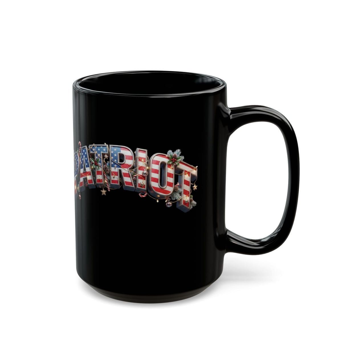 Patriot Christmas Black Coffee Mug - Flag Letters with Holly & Candy Canes | 11oz & 15oz