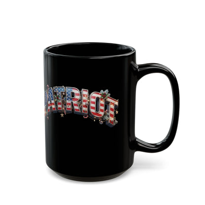 Patriot Christmas Black Coffee Mug - Flag Letters with Holly & Candy Canes | 11oz & 15oz