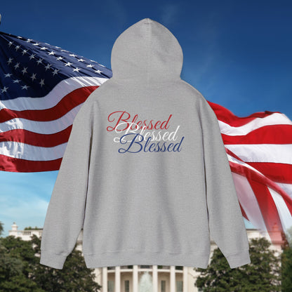 Blessed Hoodie – Patriotic Red, White & Blue Unisex Pullover Sweatshirt with Front & Back Print – Cozy, Positive Vibes Gift