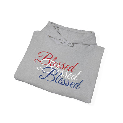 Blessed Hoodie – Patriotic Red, White & Blue Unisex Pullover Sweatshirt with Front & Back Print – Cozy, Positive Vibes Gift