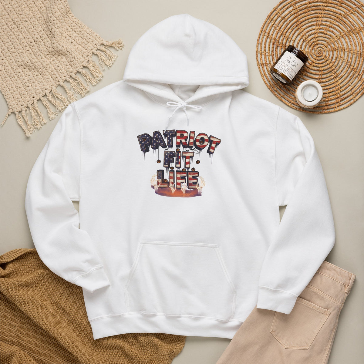 Halloween Patriot Fit Life Hoodie – American Flag Pumpkin Drip Graphic Pullover