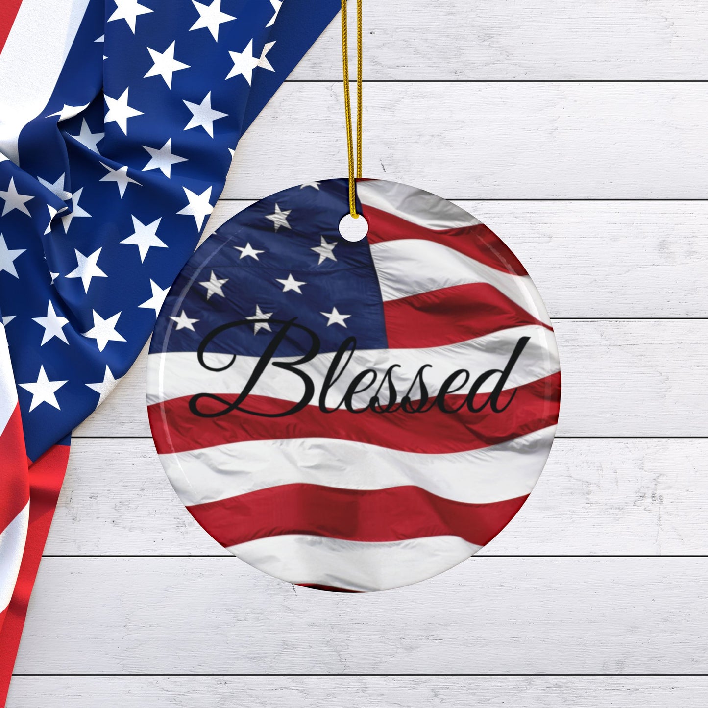 Ceramic Ornaments - Patriotic - Blessed Print - American Flag Backdrop - Red White & Blue