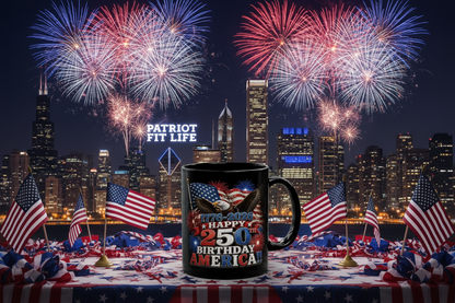 Happy 250th Birthday America Mug | 1776-2026 Patriotic Eagle Flag & Fireworks Black Coffee Cup