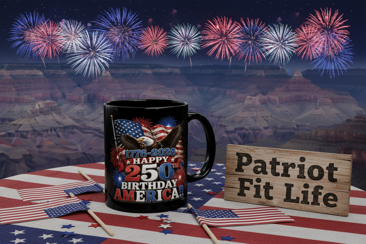 Happy 250th Birthday America Mug | 1776-2026 Patriotic Eagle Flag & Fireworks Black Coffee Cup