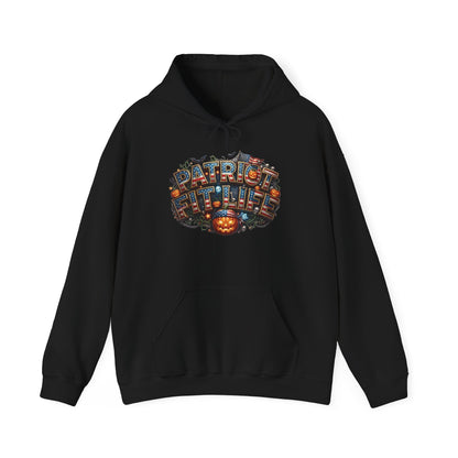 A black pullover hoodie with a Halloween PATRIOT FIT LIFE graphic design, displayed against a clean white background.