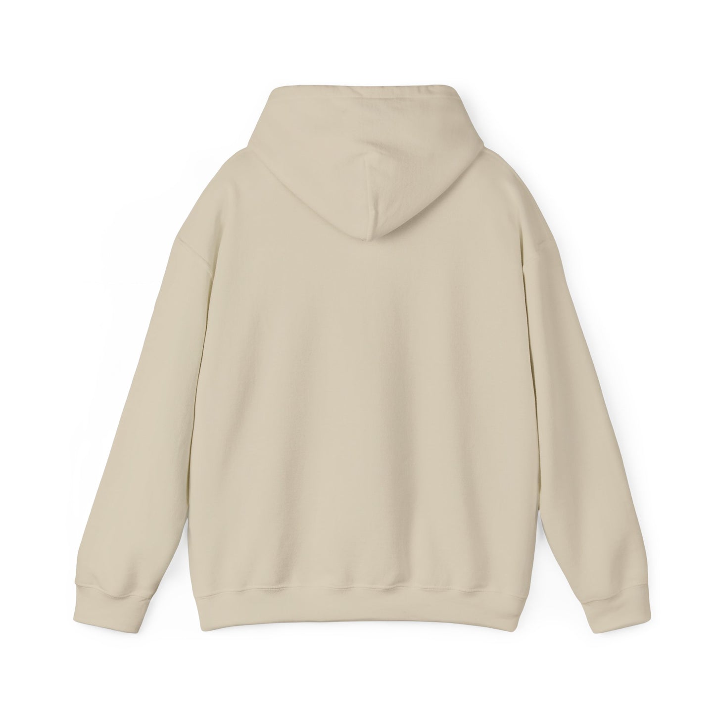 The back of a sand-colored hoodie against a white background.