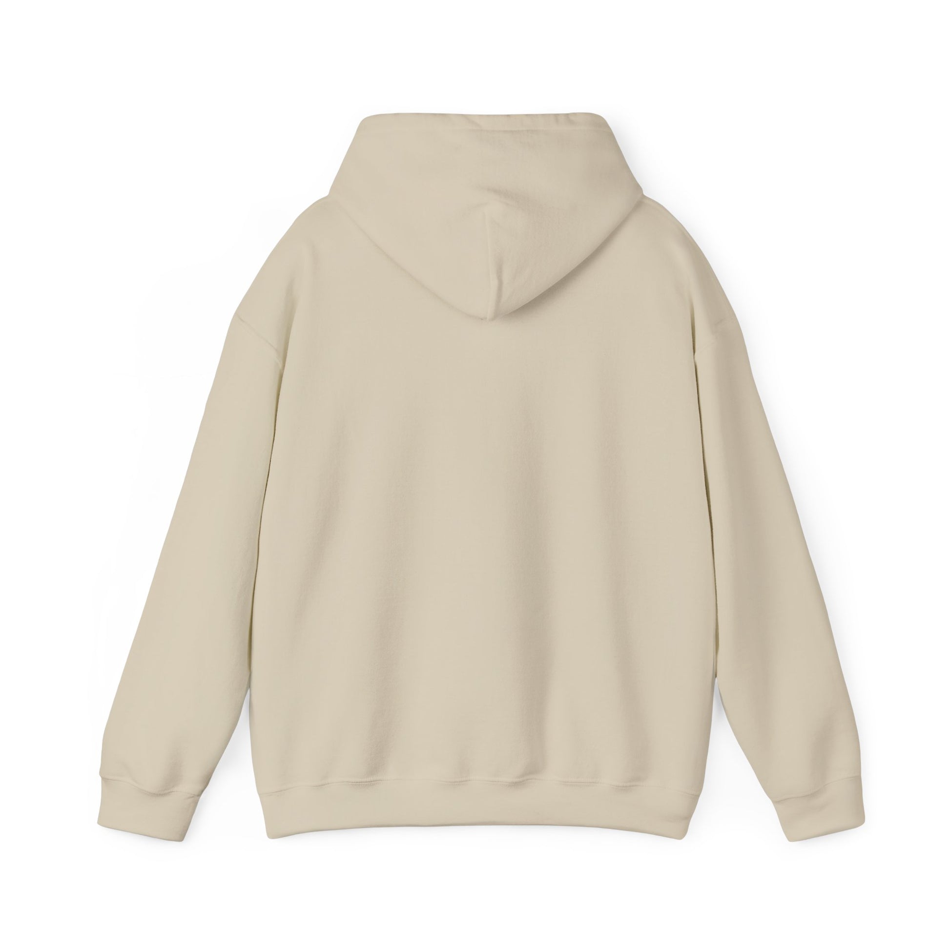 The back of a sand-colored hoodie against a white background.