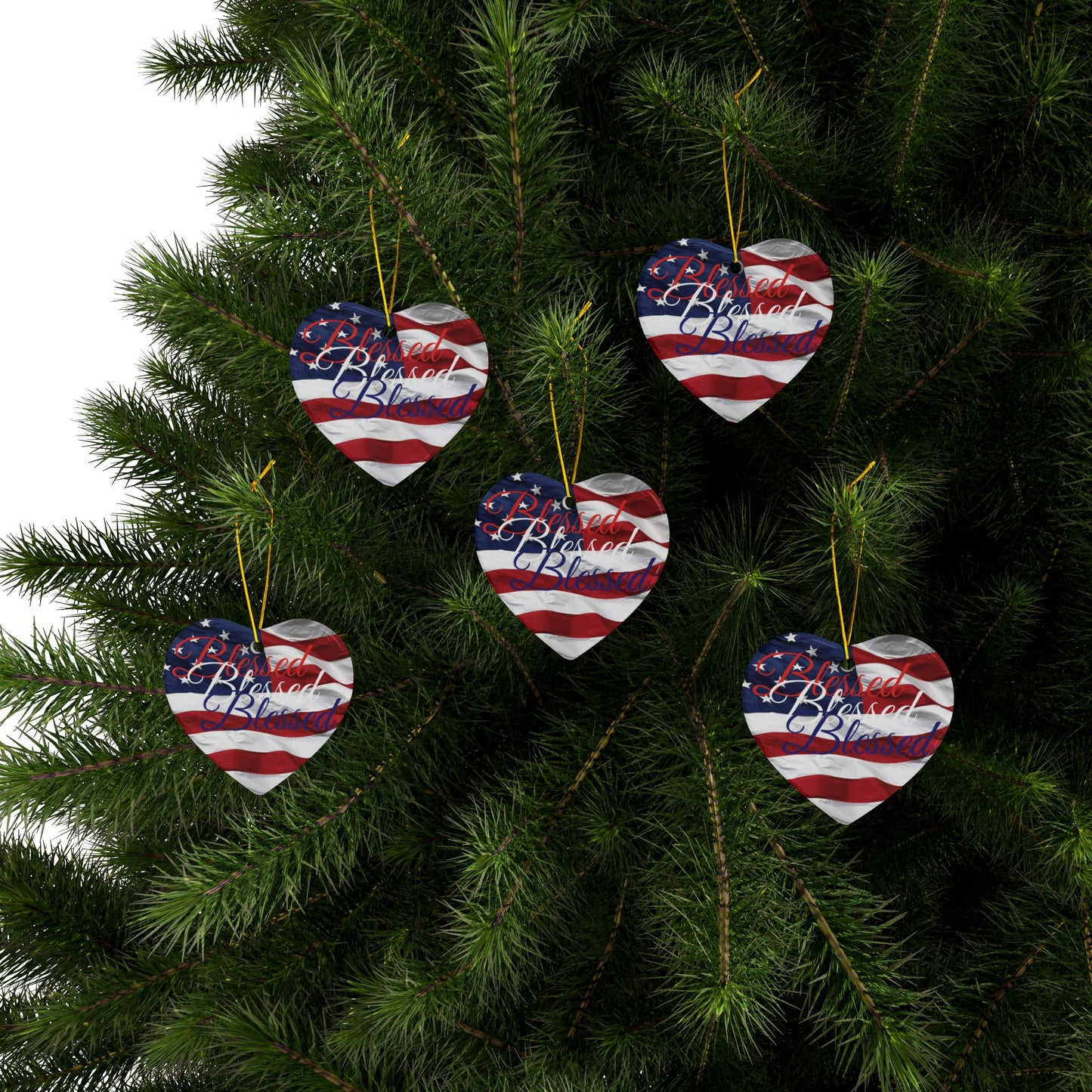Patriotic Ceramic Ornaments - Blessed Design - American Flag Backdrop - Red White & Blue Blessed Print Design - (Multi-Pack) Options (1, 3, 5, or 10 pieces)