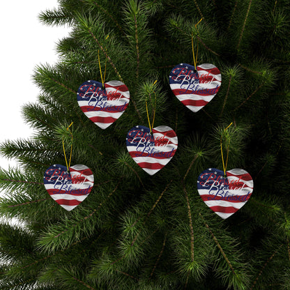 Patriotic Ceramic Ornaments - Blessed Design - American Flag Backdrop - Red White & Blue Blessed Print Design - (Multi-Pack) Options (1, 3, 5, or 10 pieces)