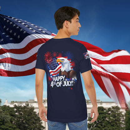 Happy 4th of July,  Print Design, Unisex T-Shirt, Patriotic Print Design, Independence Day Shirt, Red White Blue Shirt, USA Tee Gift, Gift For Her, Gift For Him, American Flag, Bald Eagle