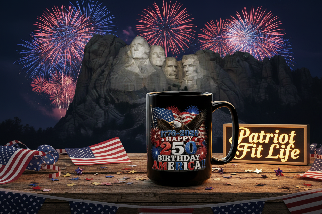 Happy 250th Birthday America Mug | 1776-2026 Patriotic Eagle Flag & Fireworks Black Coffee Cup