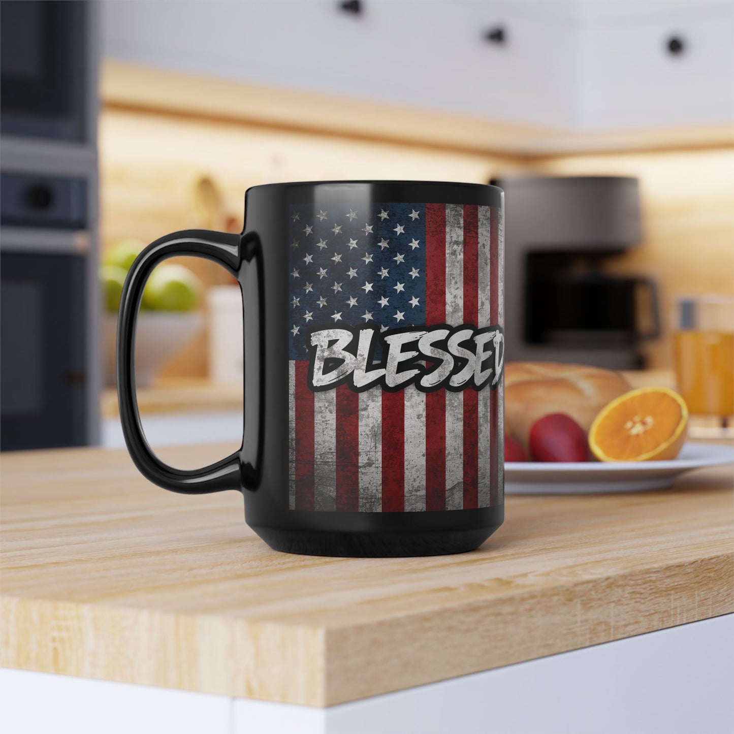 Sleek Ceramic Black Mug Blessed - American Flag - Patriotic Coffee Lover Gift - Home Decor - 11oz - 15oz