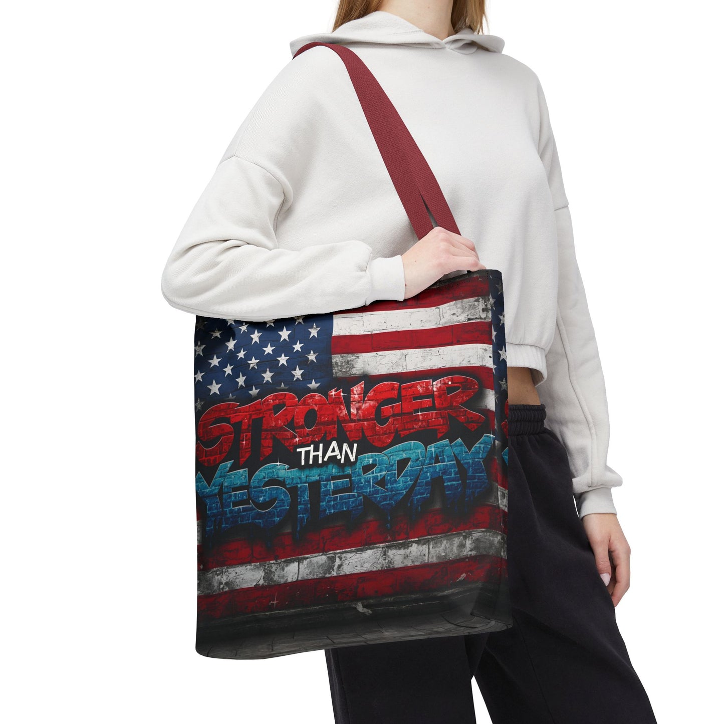 Patriotic Red White Blue Tote Bag - Stronger Than Yesterday - American Flag - Perfect for Fourth of July - Gym - Beach - Shopping - Gifts