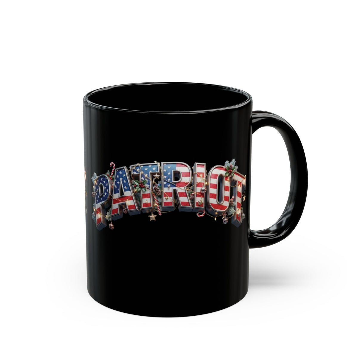 Patriot Christmas Black Coffee Mug - Flag Letters with Holly & Candy Canes | 11oz & 15oz