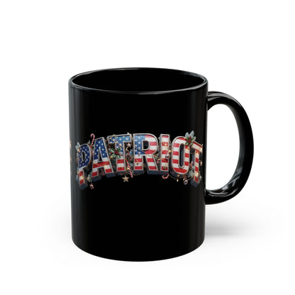 Patriot Christmas Black Coffee Mug - Flag Letters with Holly & Candy Canes | 11oz & 15oz