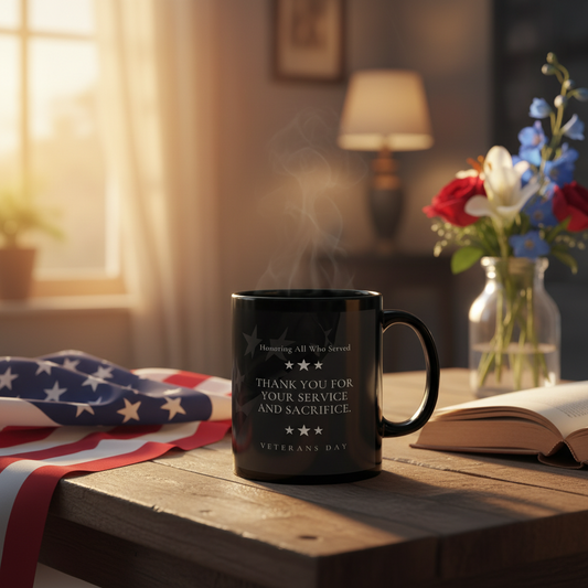 Veterans Day Black Ceramic Mug — "Thank You For Your Service and Sacrifice" Memorial Coffee Cup (11oz, 15oz) - American Flag