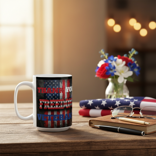 Patriotic Freedom Ceramic Mug - Thank You Veteran! - 11oz or 15oz - Red White & Blue - American Flag