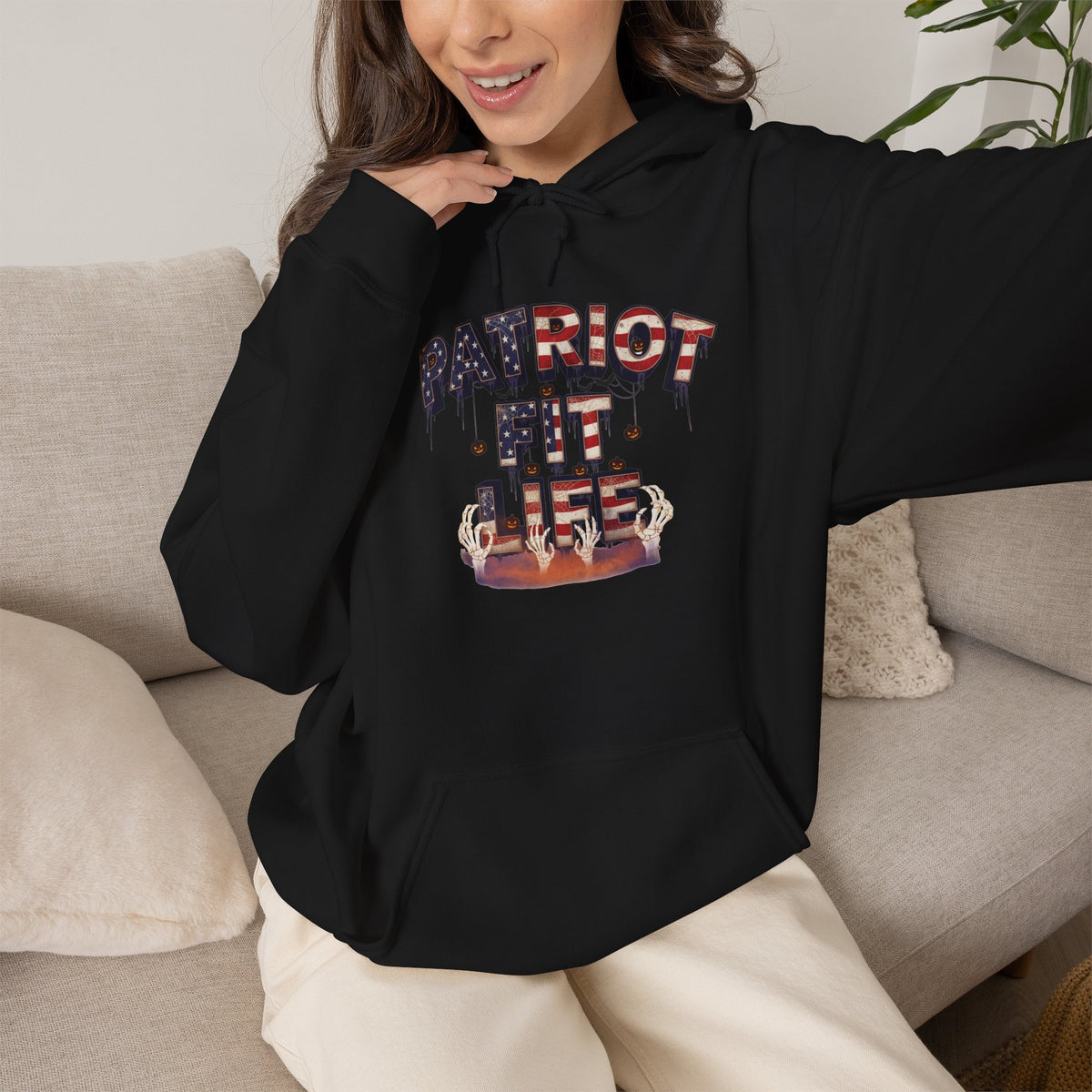Halloween Patriot Fit Life Hoodie – American Flag Pumpkin Drip Graphic Pullover